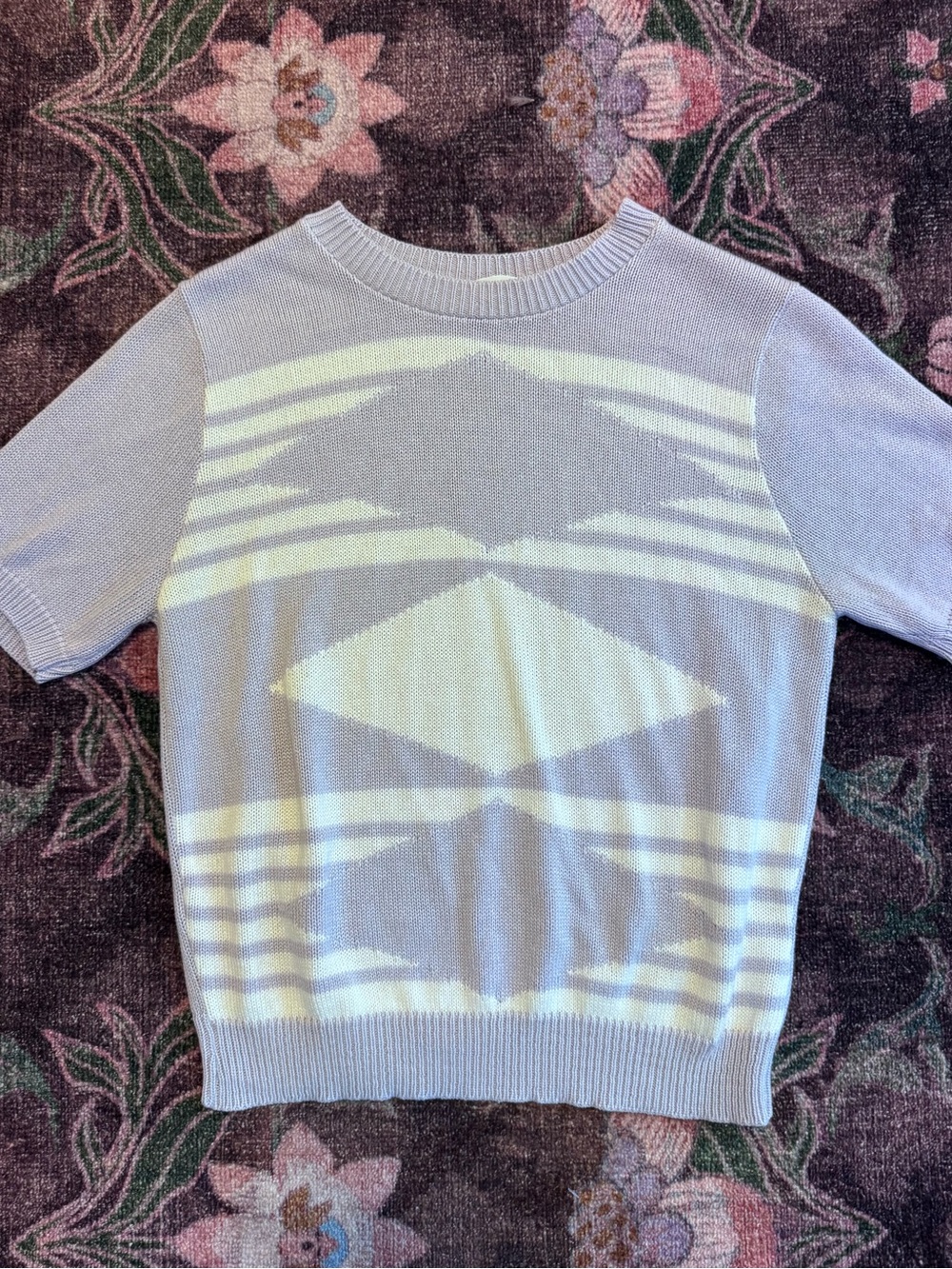 Vintage Lady Devon Purple & White Geometric Short Sleeve Sweater